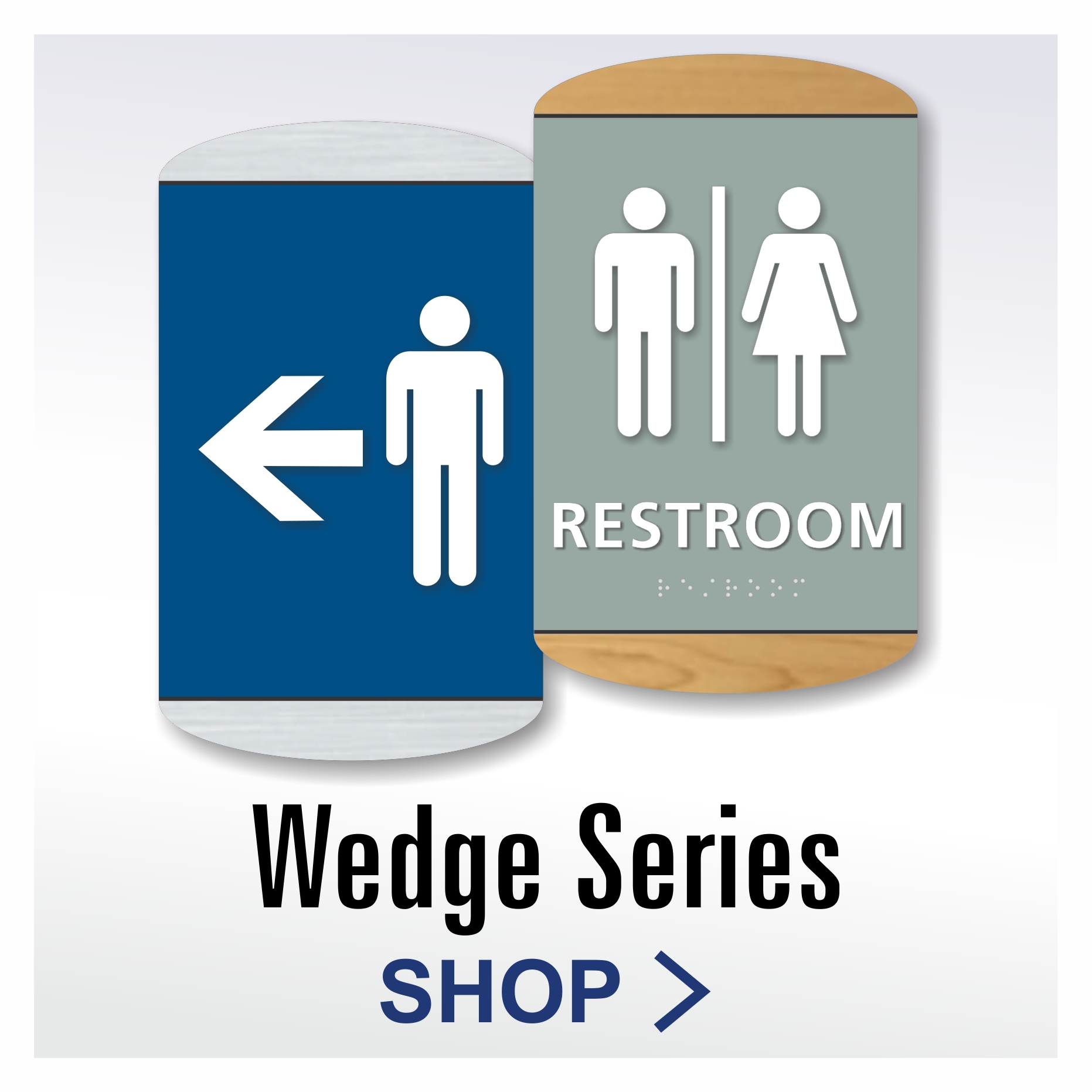 Wedge Series ADA braille restroom signs with tactile text and decorative accents